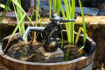 Wasserspiel SET Weinfass Mini Teich inkl. Pumpe und Froschkönig Dietmar Bronze