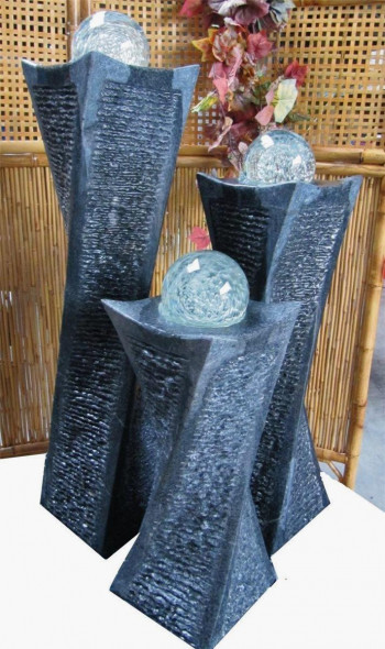 NUR ABHOLUNG! Quellstein Säulen Trio Swirl 100cm Granit Gartenbrunnen dreh. Glaskugel Komplettset