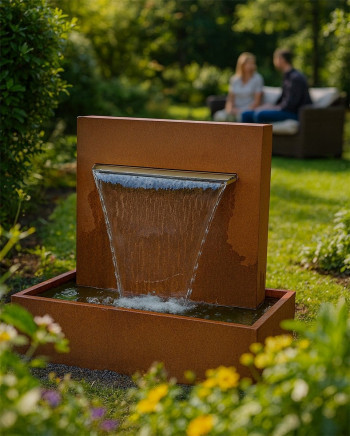 Cortenstahl Wasserfall L60cm mit Becken Gartenbrunnen Edelrost Design