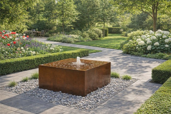 Cortenstahl Quader 100/45cm mit Quellschale Edelrost Gartenbrunnen Springbrunnen