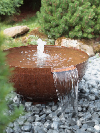 Cortenstahl Wasserschale Bowl 80 mit Wasserfall Edelrost Gartenbrunnen Komplettset