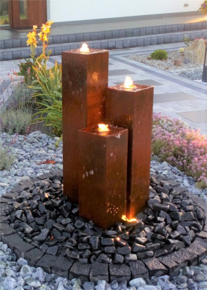 Cortenstahl Säulen Trio 100/20 Edelrost Gartenbrunnen Springbrunnen Komplettset