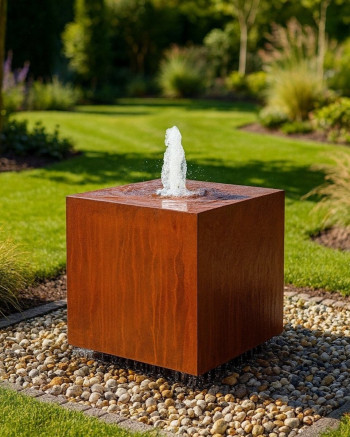 Cortenstahl Würfel 80 mit Fontäne Schwebeoptik Edelrost Gartenbrunnen Springbrunnen