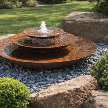Cortenstahl Wasserschalen Kaskade Trio Ø150cm mit Fontäne Edelrost Springbrunnen Komplettset