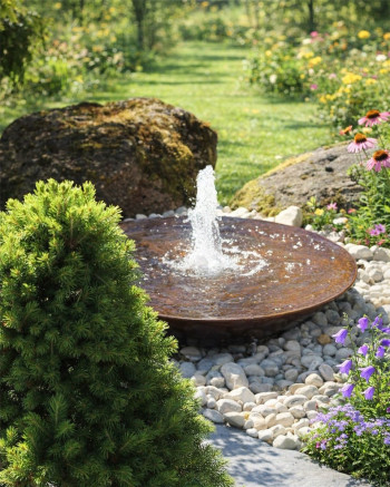 Cortenstahl Wasserschale 80 mit Fontäne Edelrost Gartenbrunnen Komplettset