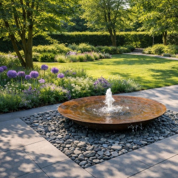 Cortenstahl Wasserschale 150 mit Fontäne Edelrost Springbrunnen Komplettset