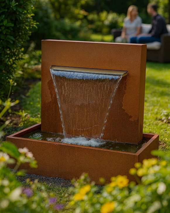 Cortenstahl Wasserfall L60cm mit Becken Gartenbrunnen Edelrost Design