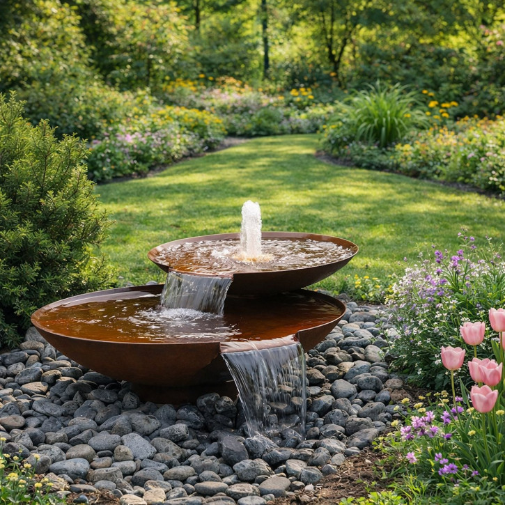 Wasserschalen Duo Ø80/60cm mit Wasserfall Cortenstahl Gartenbrunnen Springbrunnen Komplettset