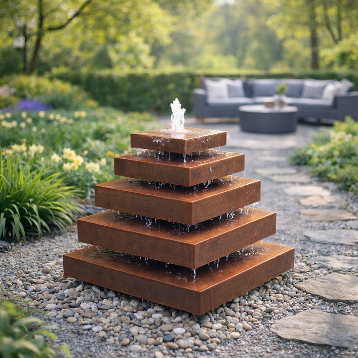 Cortenstahl Pyramide 85cm Edelrost Gartenbrunnen Springbrunnen Komplettset
