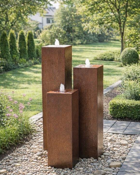 Cortenstahl Säulen Trio 150/30 Edelrost Gartenbrunnen Springbrunnen Komplettset