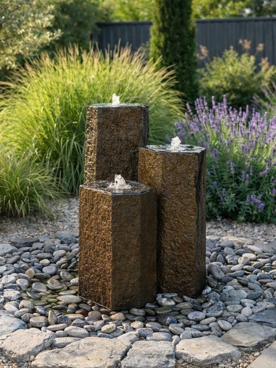 Quellstein Trio Basalt Säulen 100cm mit Quellschalen Gartenbrunnen Springbrunnen