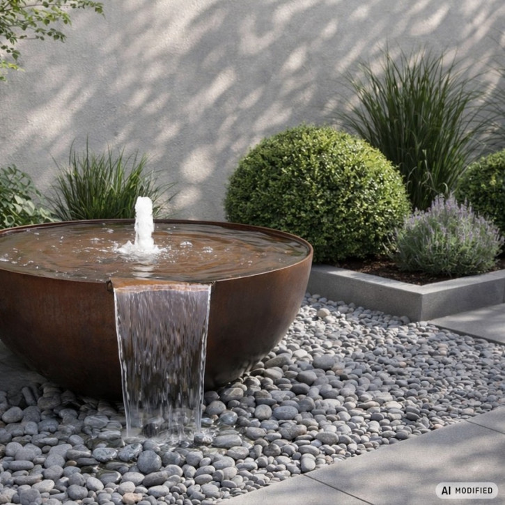 Cortenstahl Wasserschale Bowl 80 mit Wasserfall Edelrost Gartenbrunnen Komplettset